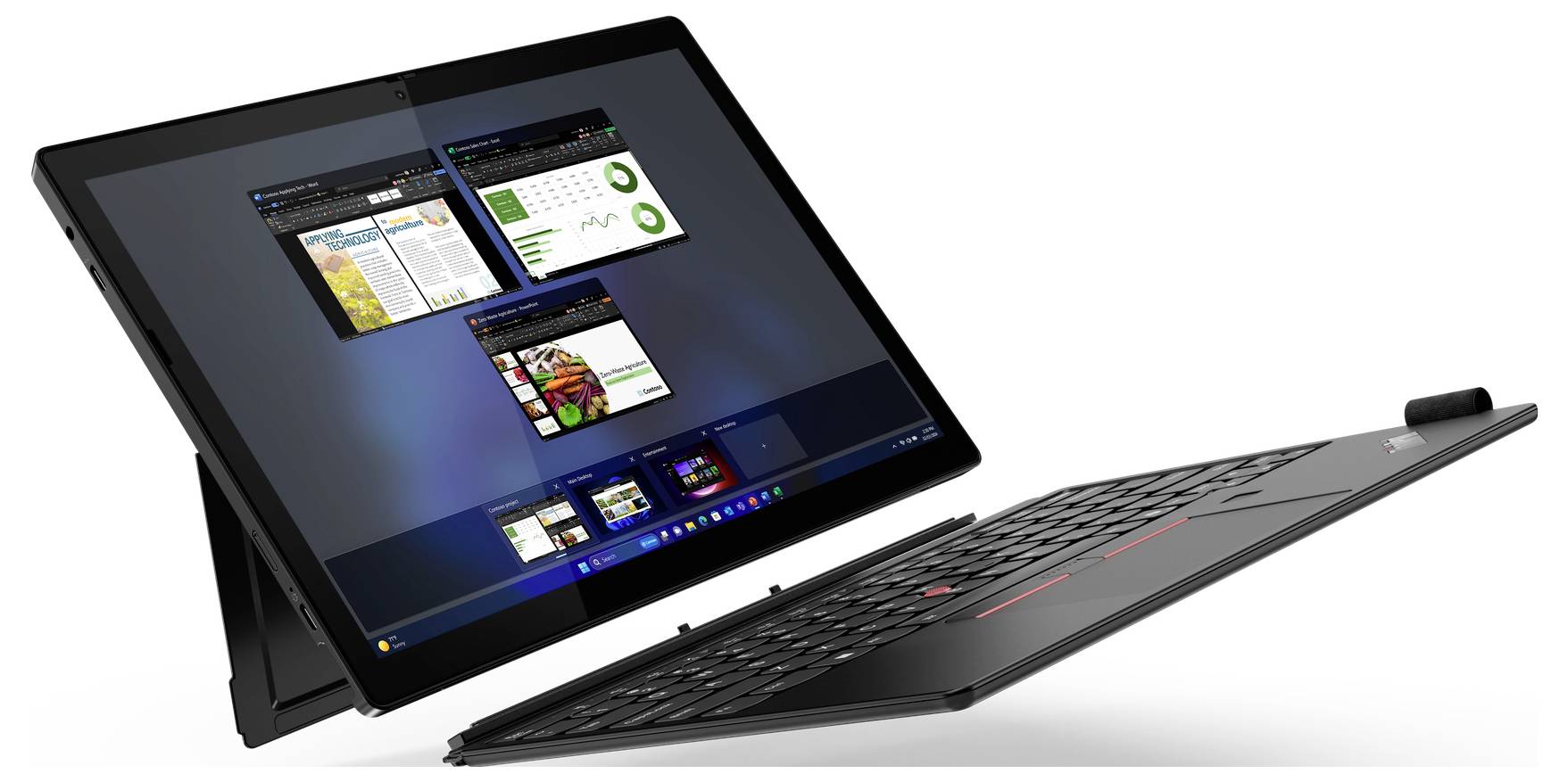 Ein abnehmbares 2-in-1-Laptop-Tablet mit aufgestelltem Bildschirm zeigt mehrere geöffnete Programme. Tastatur liegt davor.