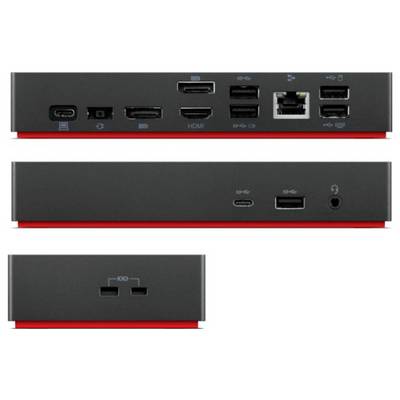 Eine schwarze elektronische Dockingstation mit mehreren Anschlüssen, darunter USB, HDMI, Ethernet und Audio, dargestellt aus drei verschiedenen Blickwinkeln.