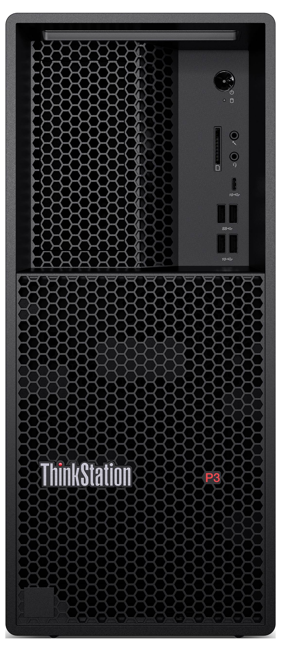 Ein schwarzer Desktop-Computer der Marke ThinkStation mit mehreren USB-Anschlüssen und Lüftungsschlitzen auf der Vorderseite.