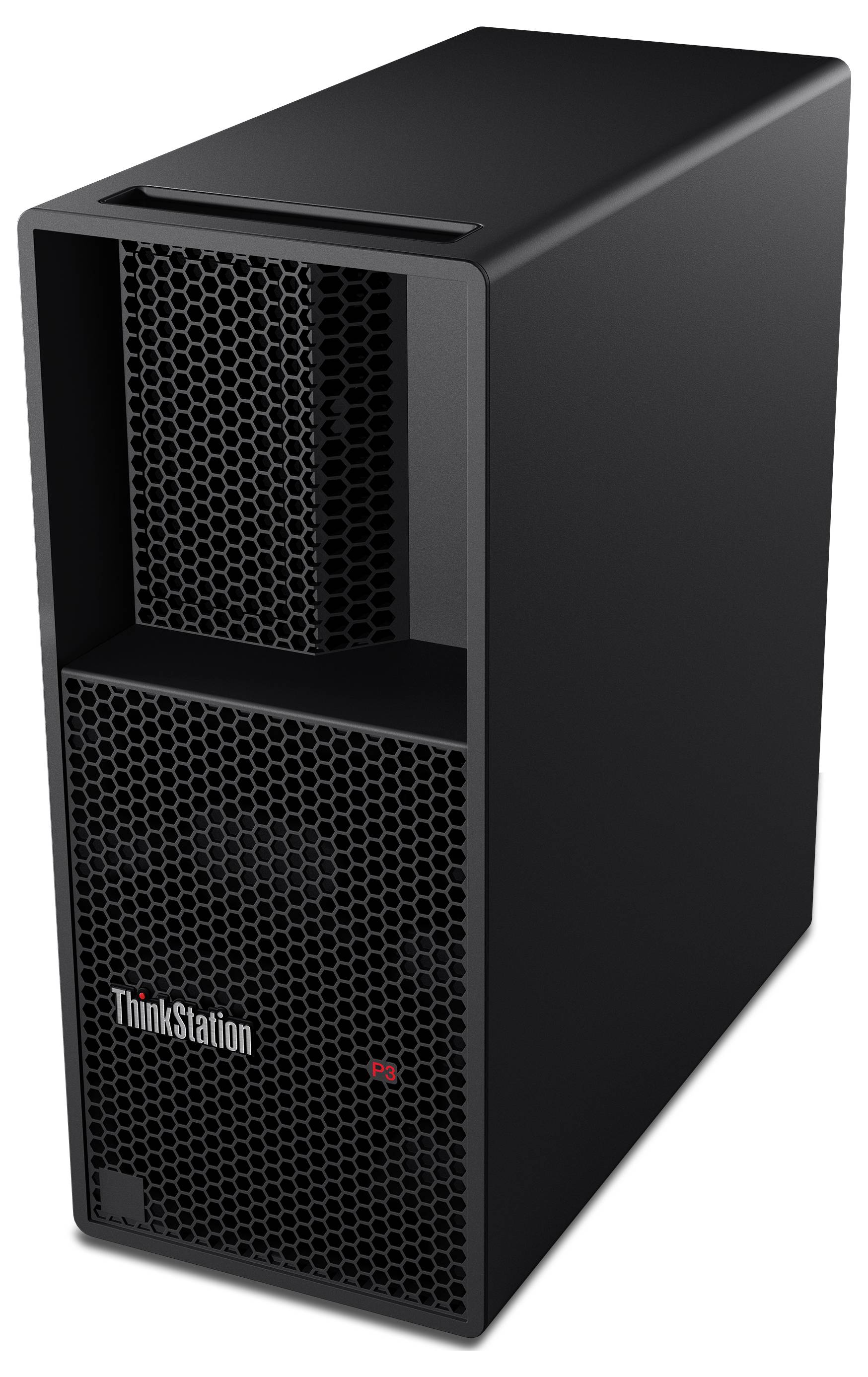 Ein schwarzer, stehender Computer-Tower mit "ThinkStation"-Logo auf der Vorderseite, zeigt ein schlichtes, modernes Design.