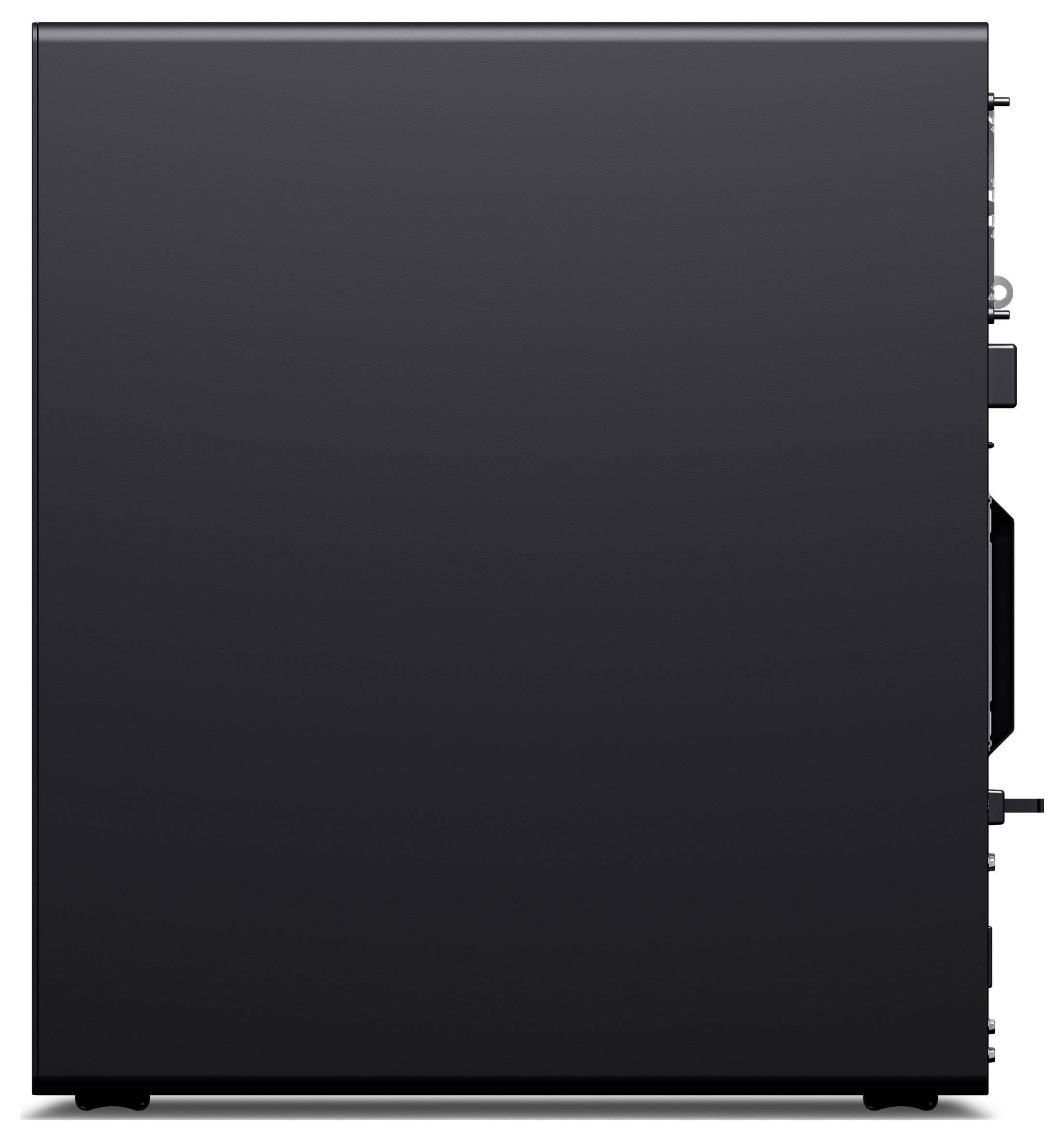 Schwarzes Computergehäuse in Seitenansicht ohne sichtbare Marken oder Logos, zeigt ein schlichtes, glattes Design.