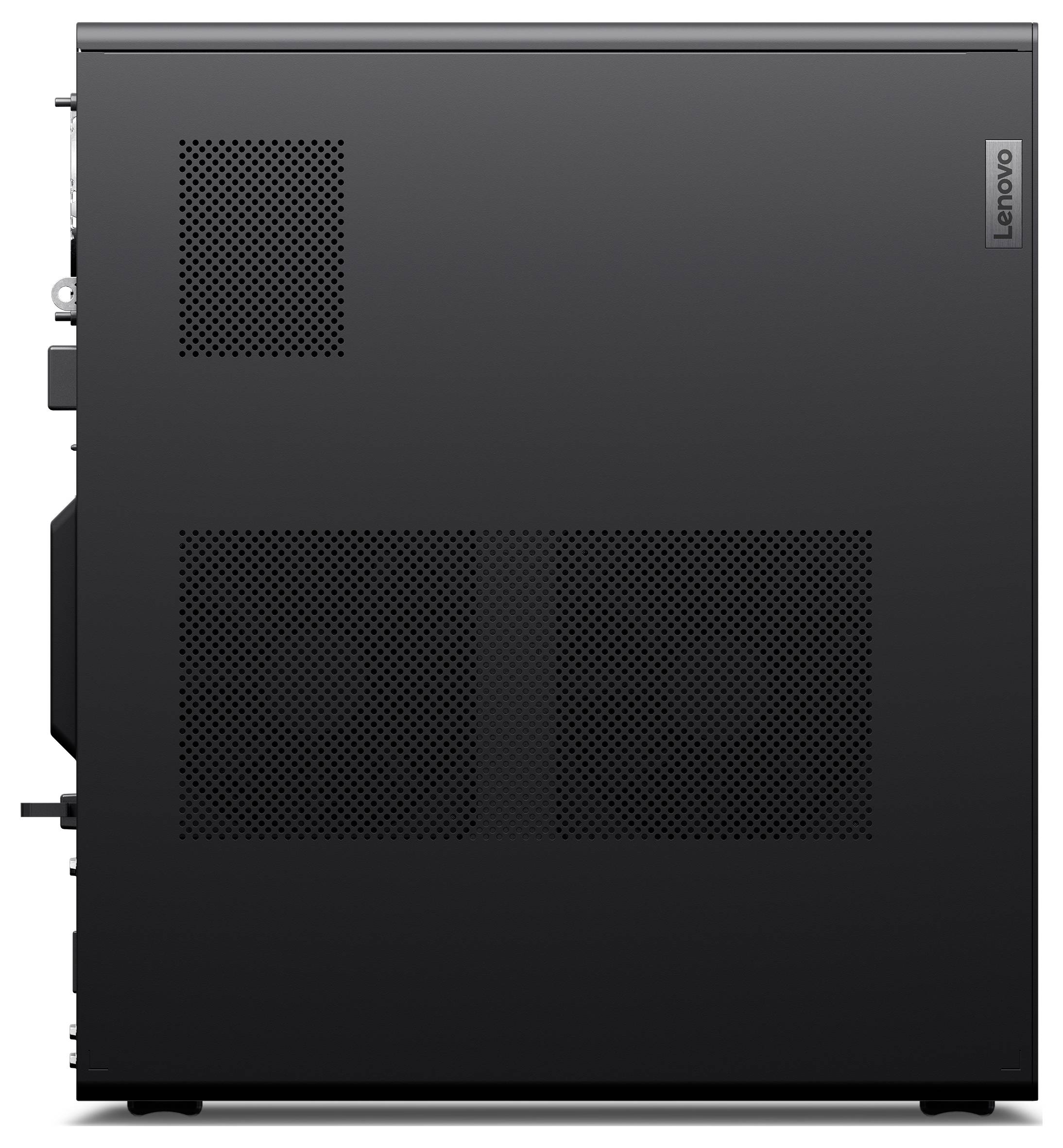 Ein schwarzer Desktop-PC-Gehäuse von der Seite, mit Lüftungsgittern oben und unten sowie einem kleinen 'Lenovo'-Logo am Rand.