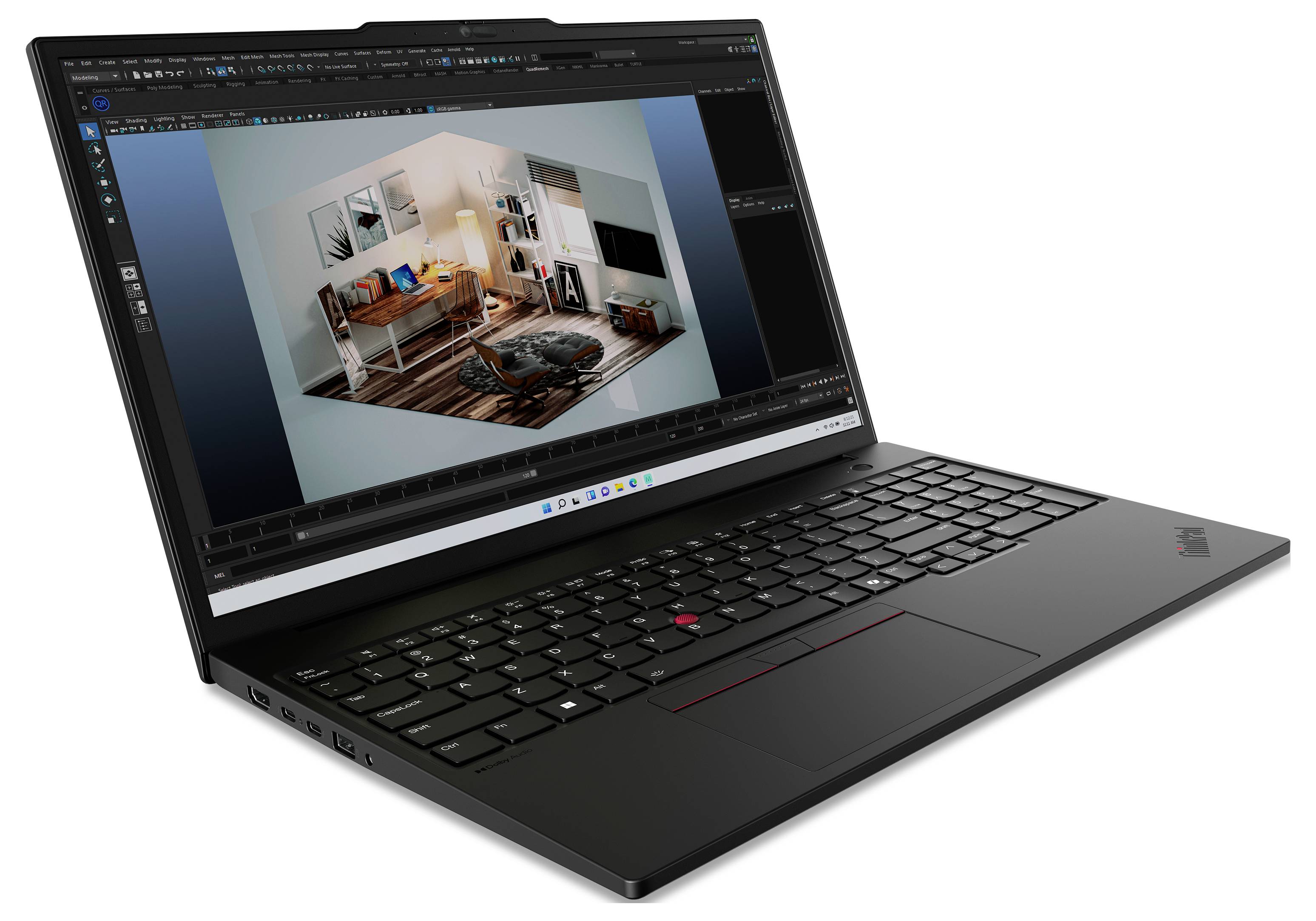 Ein Laptop mit einer offenen CAD-Software zeigt ein 3D-Rendering eines stilvoll eingerichteten Wohnzimmers auf dem Bildschirm.