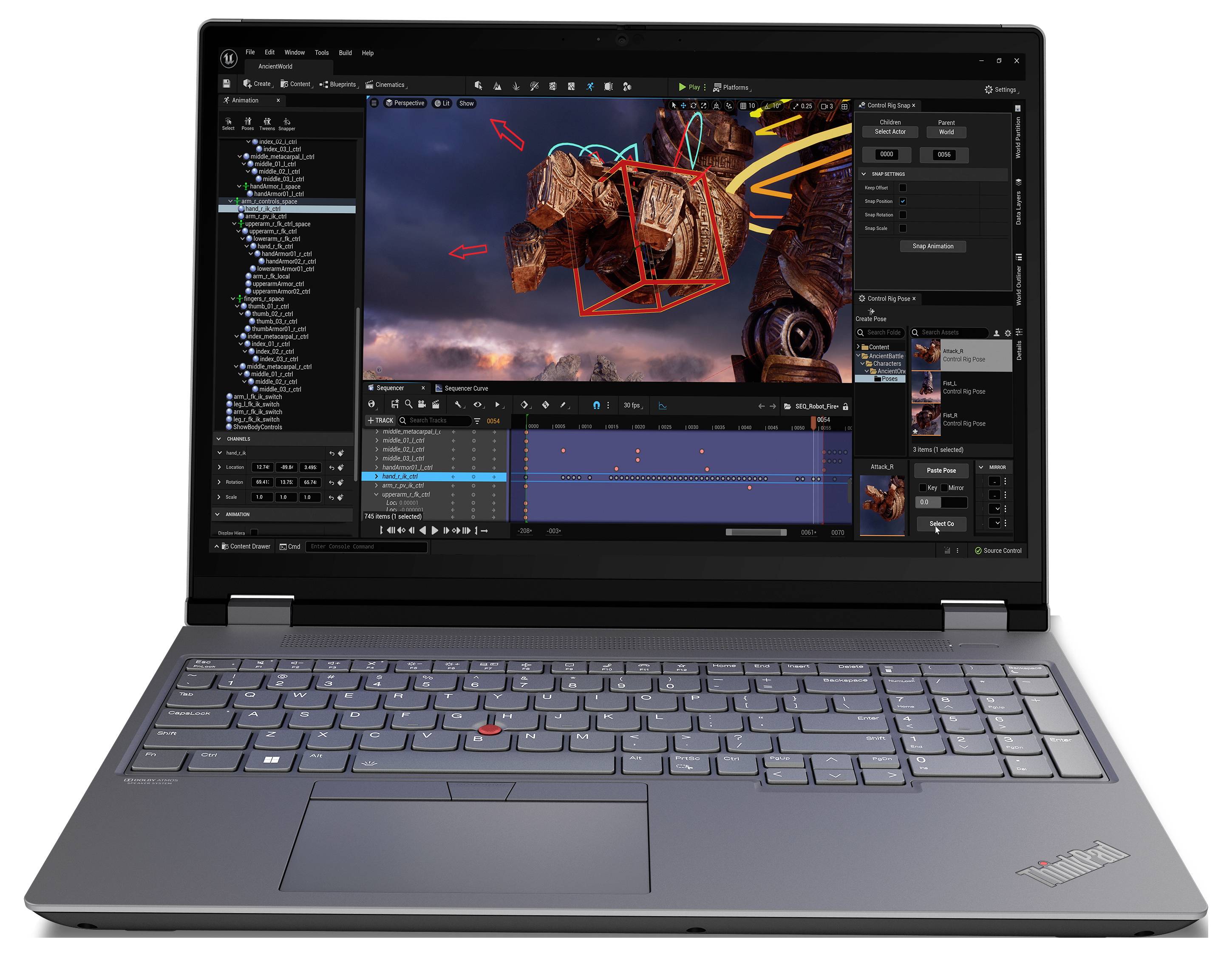 Ein geöffneter Laptop zeigt ein 3D-Modell eines Roboters auf dem Bildschirm, umgeben von Software-Tools für Design und Animation.