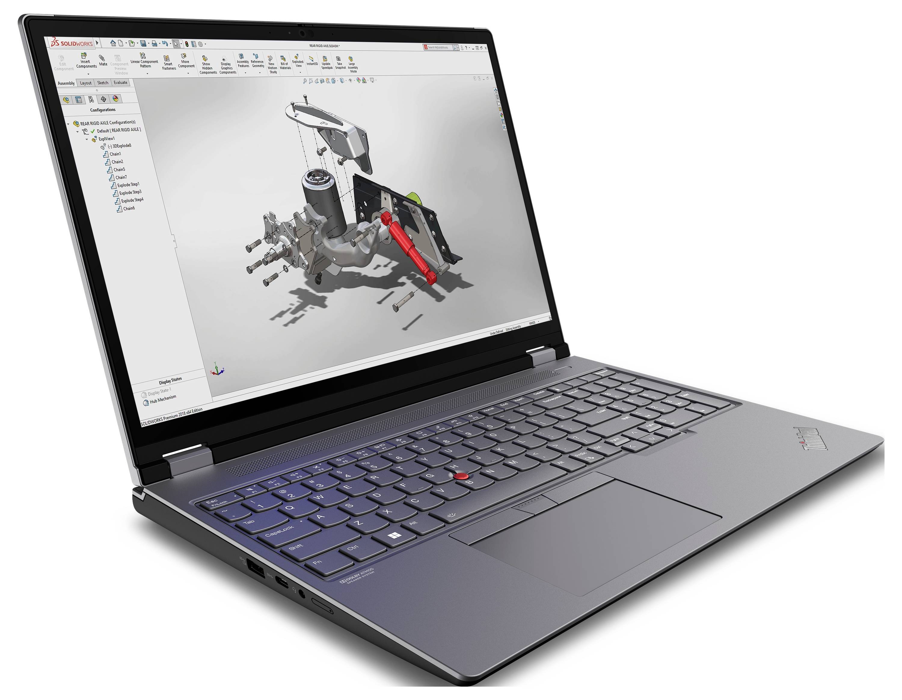 Ein aufgeklappter Laptop zeigt auf dem Bildschirm eine 3D-CAD-Software mit einem technischen Modell, das mehrere Bauteile enthält.