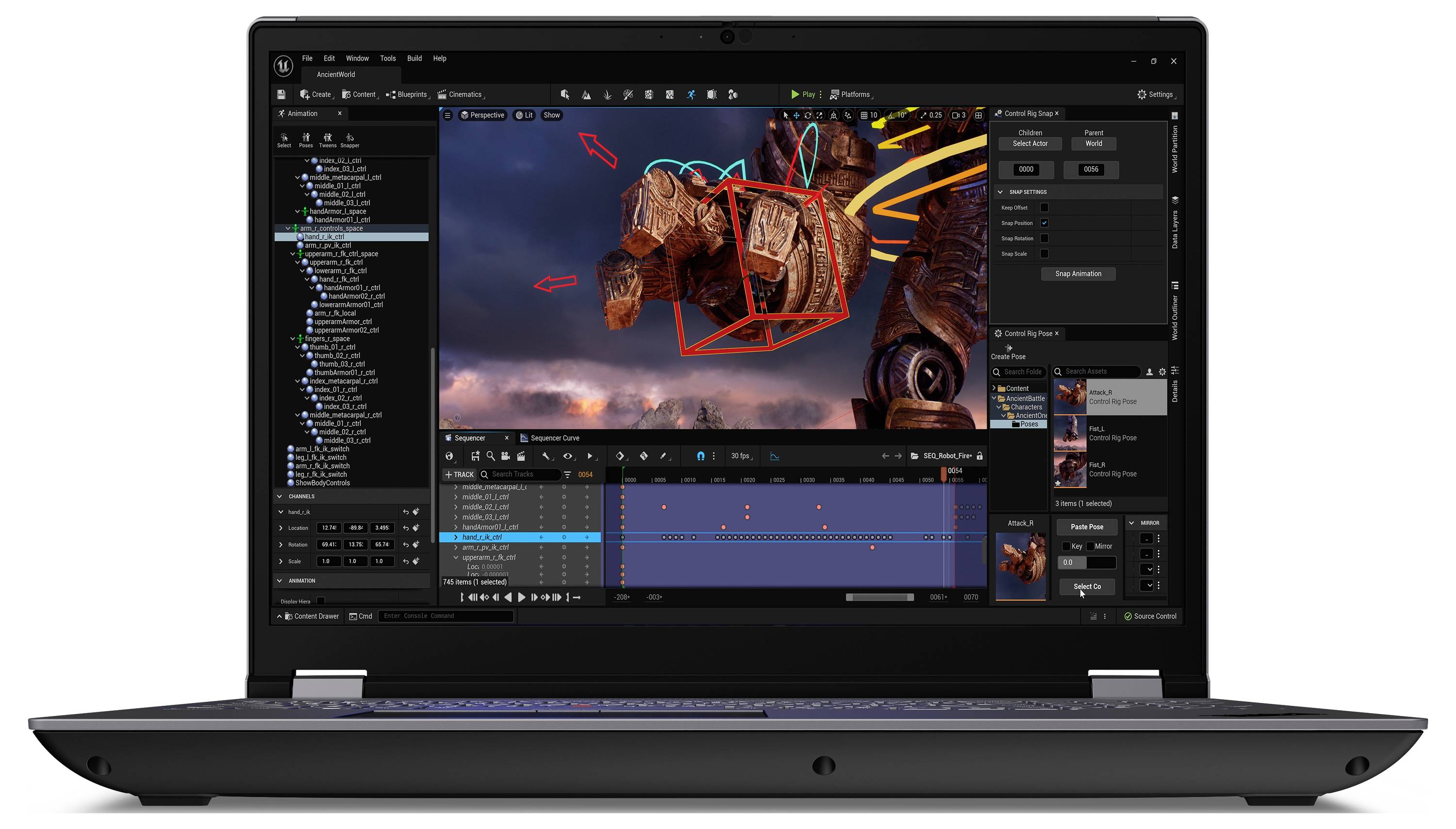 Ein geöffneter Laptop zeigt eine 3D-Animationssoftware. Auf dem Bildschirm ist ein animierter Roboterarm mit Steuerleiste und Werkzeugen zu sehen.