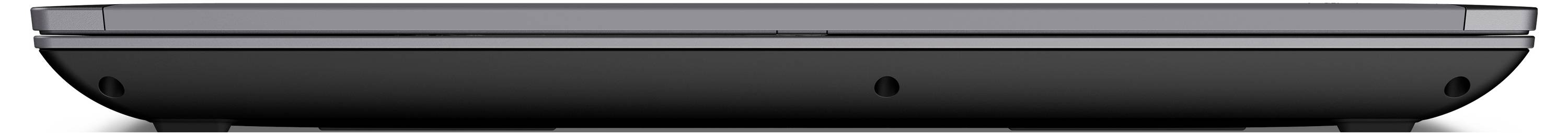 Seitenansicht eines geschlossenen, schwarzen Laptops, der auf einer ebenen Fläche steht.