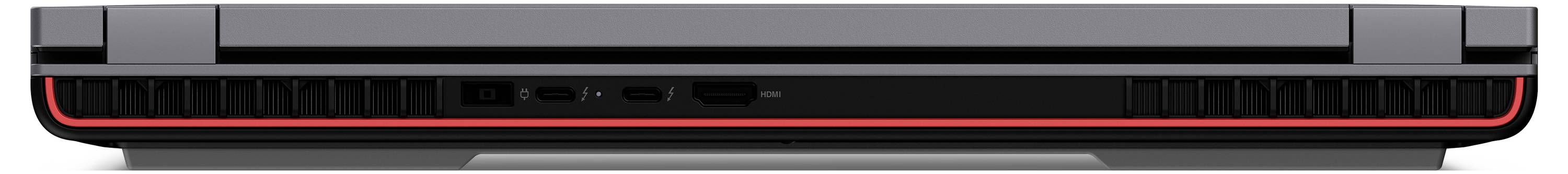 Ein Laptop in Seitenansicht, geschlossen, mit schwarzem Gehäuse und roten Akzenten.