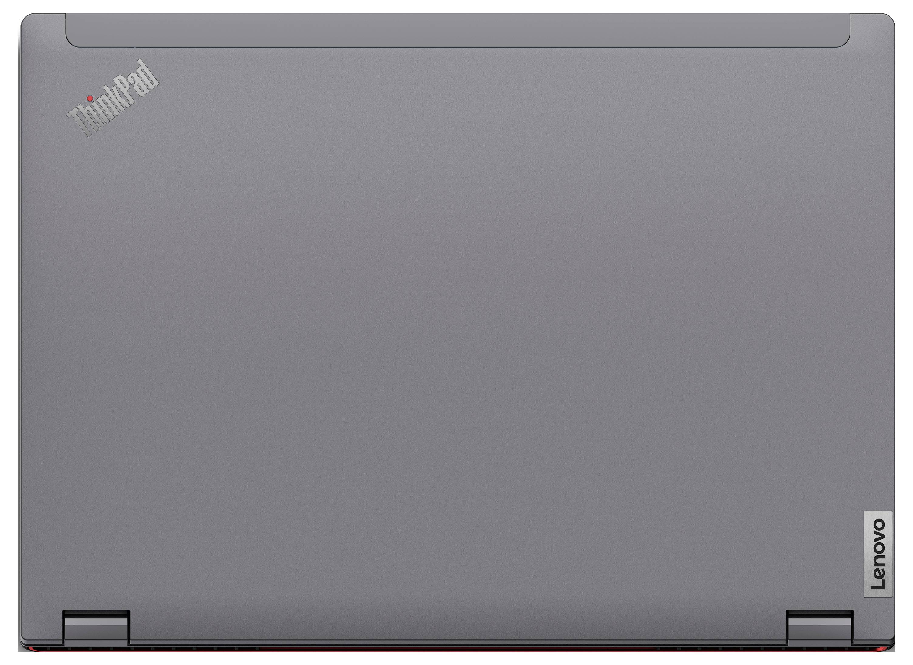 Grauer Laptop-Deckel mit 'ThinkPad'- und 'Lenovo'-Logos in den Ecken, minimalistisches Design.