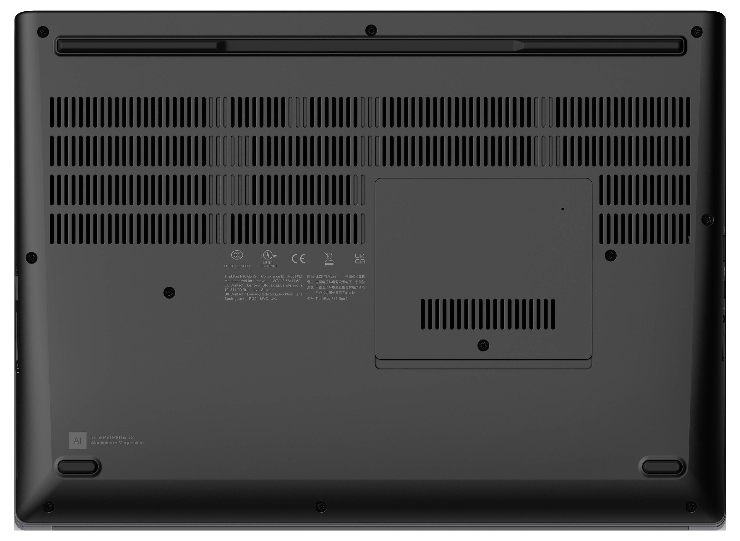 Laptop-Unterseite mit Lüftungsschlitzen und Batteriefach. Schrauben an den Ecken zur Befestigung.