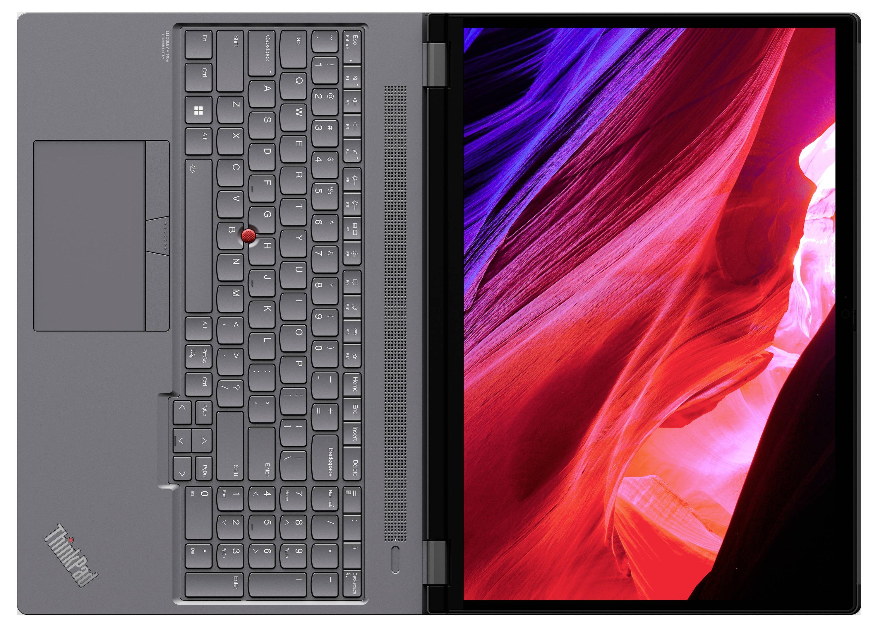 Ein aufgeklappter Laptop mit einer beleuchteten Tastatur und einem Bildschirm mit lebendigen roten und violetten Mustern.