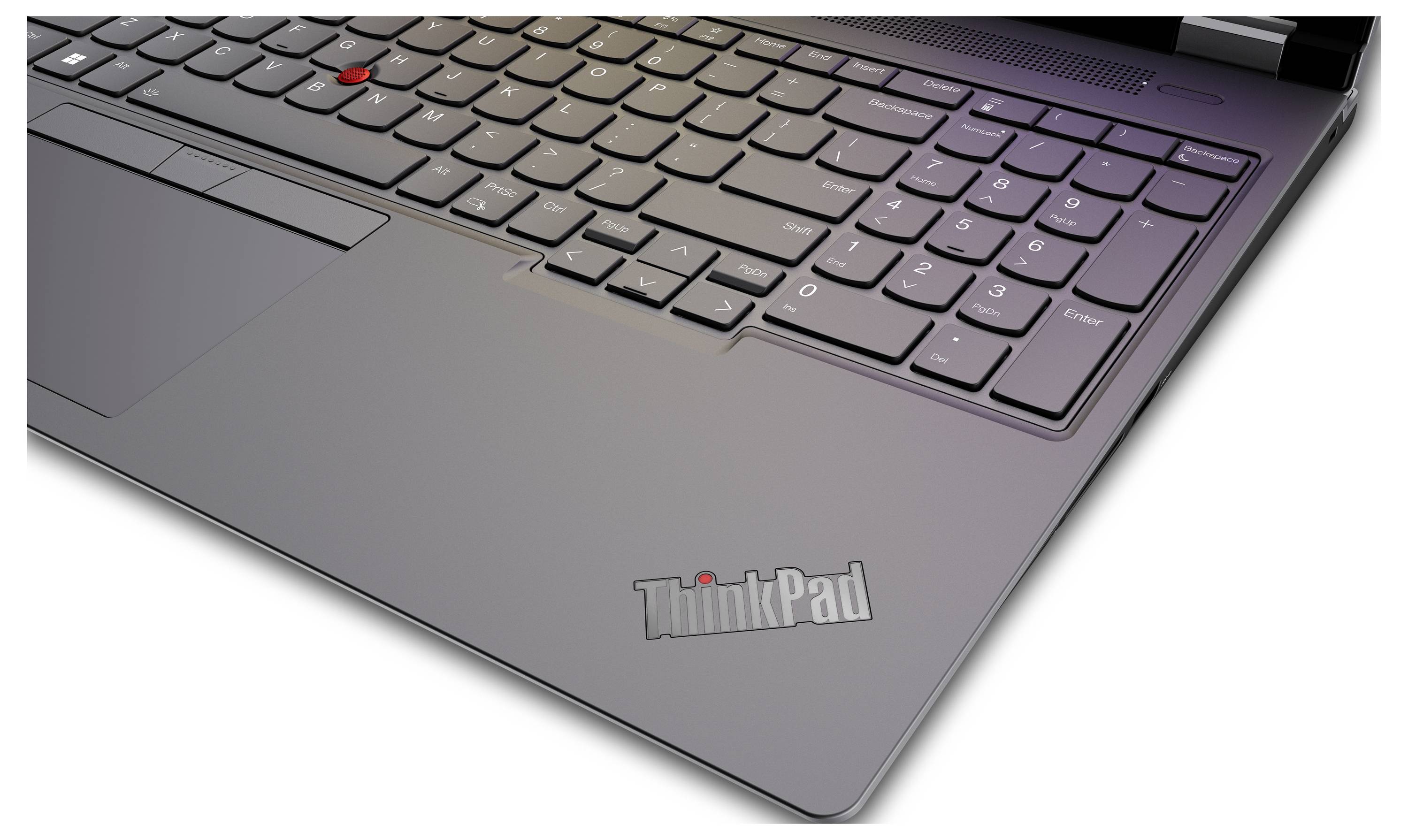 Nahaufnahme einer ThinkPad-Tastatur mit TrackPoint, charakteristisches Design mit schwarzem Finish und rotem TrackPoint in der Mitte der Tasten.
