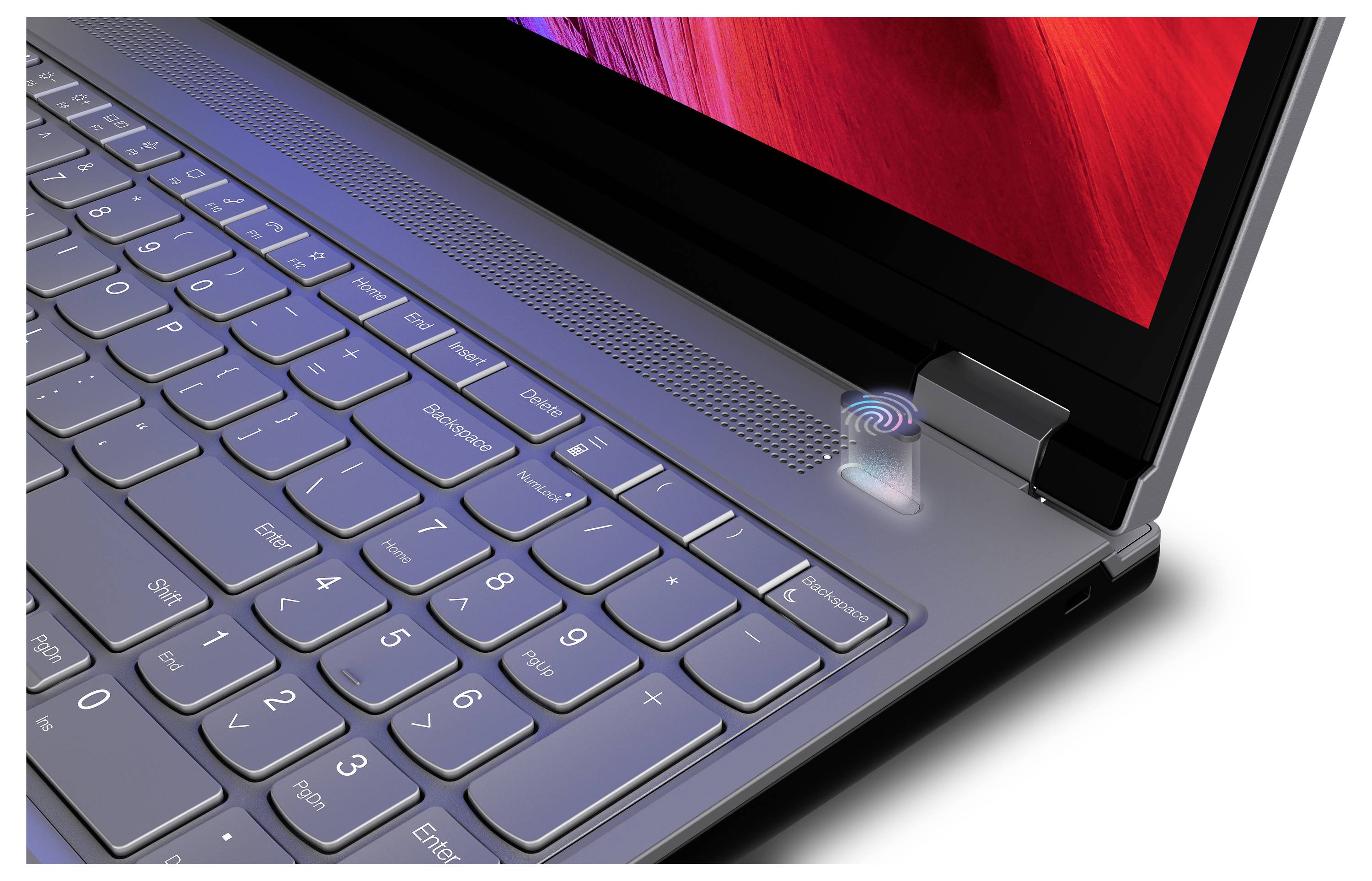 Laptop-Tastatur mit beleuchtetem Fingerabdrucksensor in der oberen rechten Ecke. Bildschirm zeigt rote und lila Farben.