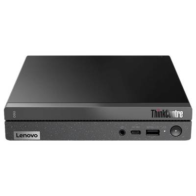 Ein Lenovo ThinkCentre Neo Mini-PC in Schwarz, mit USB- und Audiobuchsen an der Vorderseite, auf einem Schreibtisch platziert.