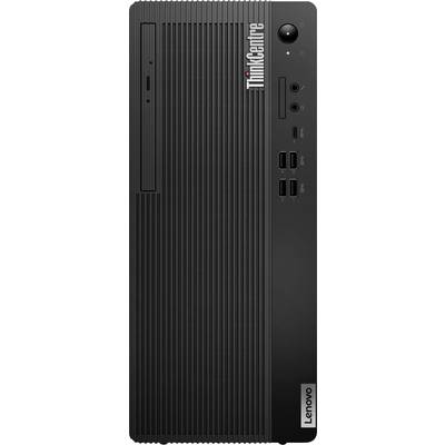 Schwarzer Lenovo ThinkCentre Desktop-PC mit vertikalen Lüftungsschlitzen, mehreren USB-Anschlüssen und Audioanschlüssen an der Vorderseite.