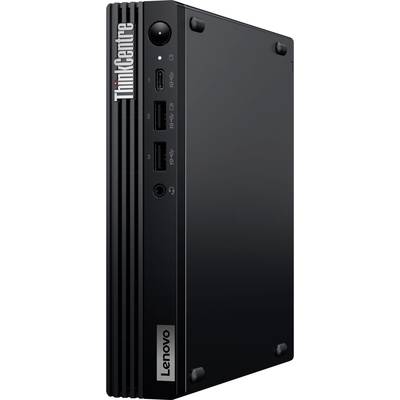 Schwarzer Lenovo ThinkCentre Mini-PC in schräge Seitenansicht, mit mehreren Anschlüssen an der Seite und Markenlogo sichtbar.