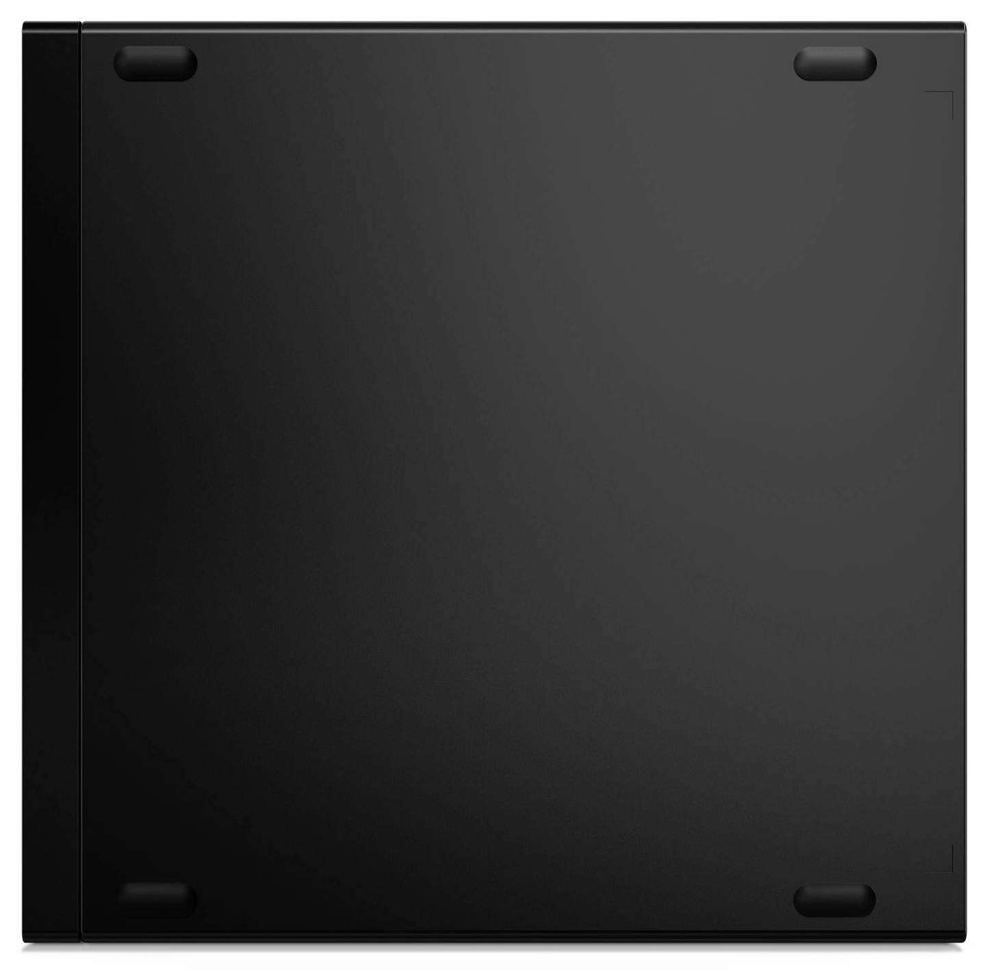 'Sicht von unten auf ein schwarzes Laptop, sichtbar sind vier Gummifüße an den Ecken für Stabilität.'