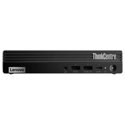 Ein Lenovo ThinkCentre Mini-Desktop-PC, schwarz, mit zwei USB-Anschlüssen, Kopfhörerbuchse und Einschaltknopf vorne.