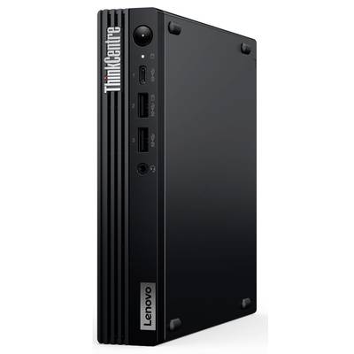 Ein schwarzer Lenovo ThinkCentre Mini-PC mit USB- und HDMI-Anschlüssen an der Front. Sein Design ist kompakt und vertikal ausgerichtet.