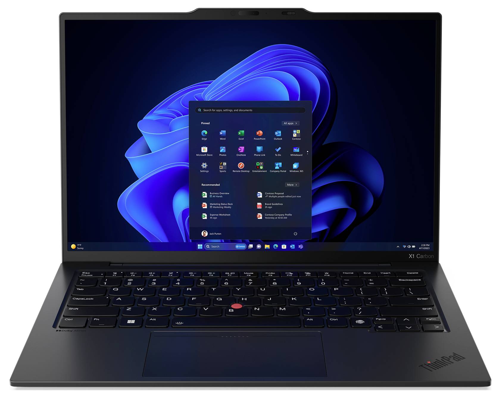 Ein aufgeklappter Laptop mit geöffneter Windows-Oberfläche auf dem Bildschirm. Das Startmenü zeigt Symbole für verschiedene Anwendungen.