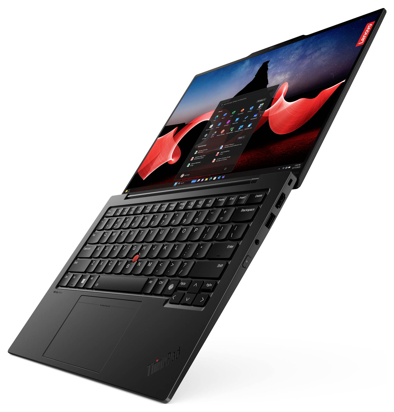 Ein schlanker, schwarzer Laptop mit geöffnetem Bildschirm, der eine Benutzeroberfläche anzeigt. Das Design betont portables Arbeiten.