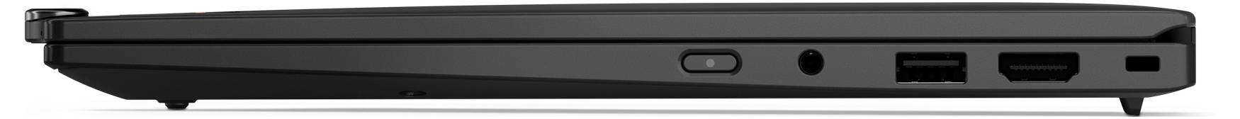 Ein schwarzer Laptop von der Seite mit mehreren Anschlussmöglichkeiten, darunter USB- und Ethernet-Ports, sowie ein Einschaltknopf.