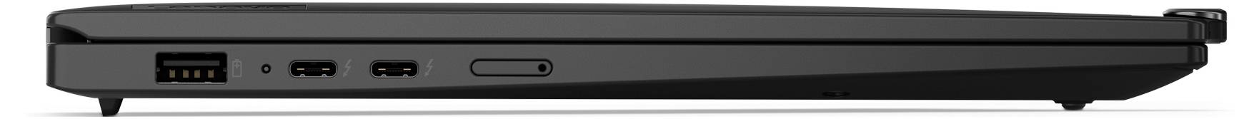 Ein geschlossenes schwarzes Laptop von der Seite gezeigt, mit mehreren Anschlüssen sichtbar: USB, HDMI und Stromanschluss.