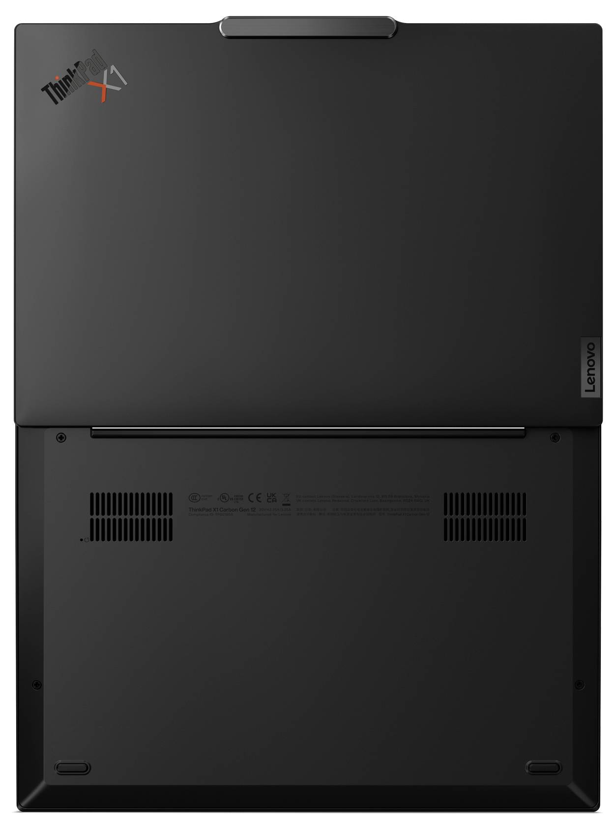 Ein schwarzer Laptop von hinten mit dem Lenovo-Logo und Luftschlitzen an der Unterseite.