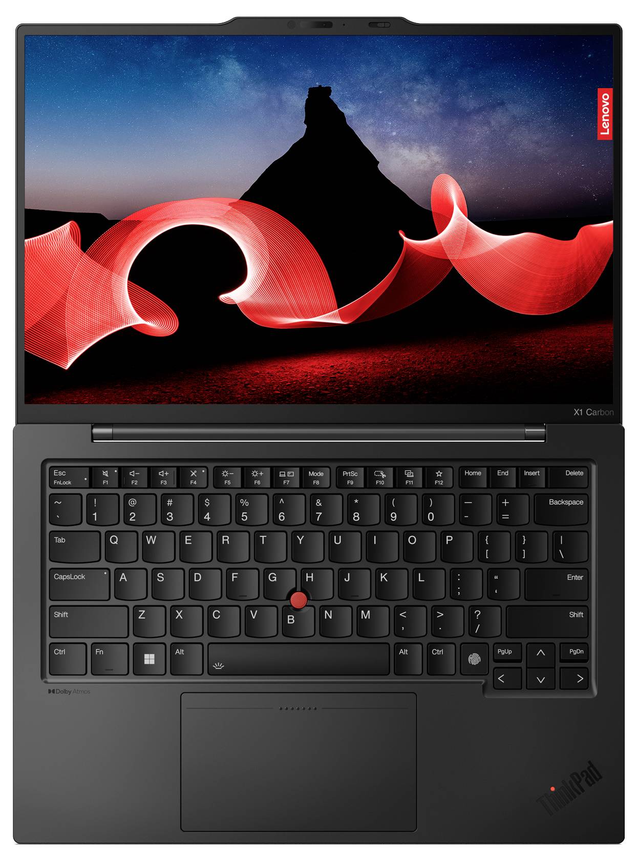 Ein Laptop mit geöffneter Anzeige zeigt ein Bild mit rot-leuchtenden Linien vor einer Berglandschaft. Tastatur und TrackPoint sind sichtbar.