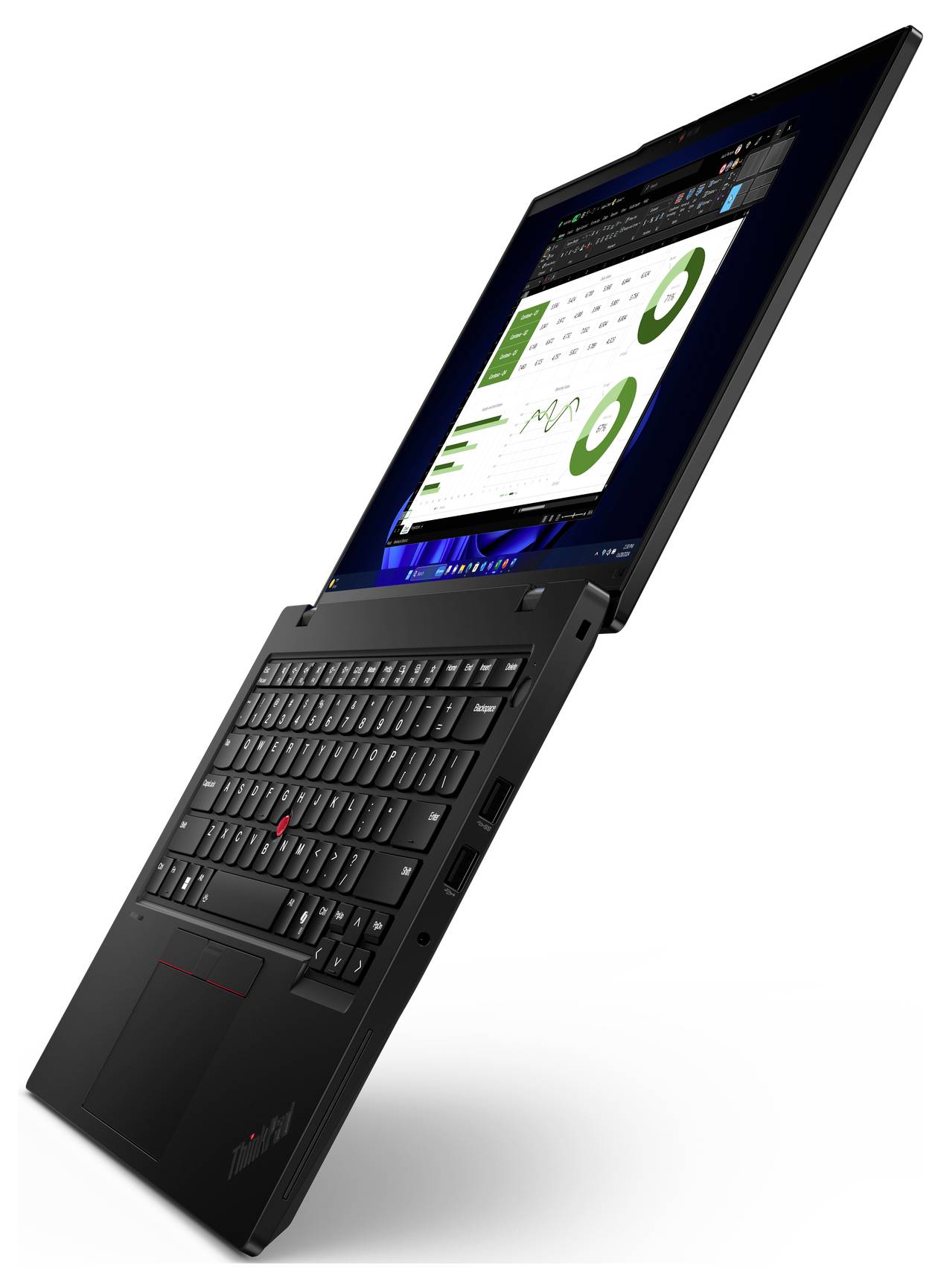 Ein Laptop mit teilweise geöffnetem Bildschirm zeigt Diagramme und Daten auf dem Bildschirm. Die Seite ist schräg positioniert.