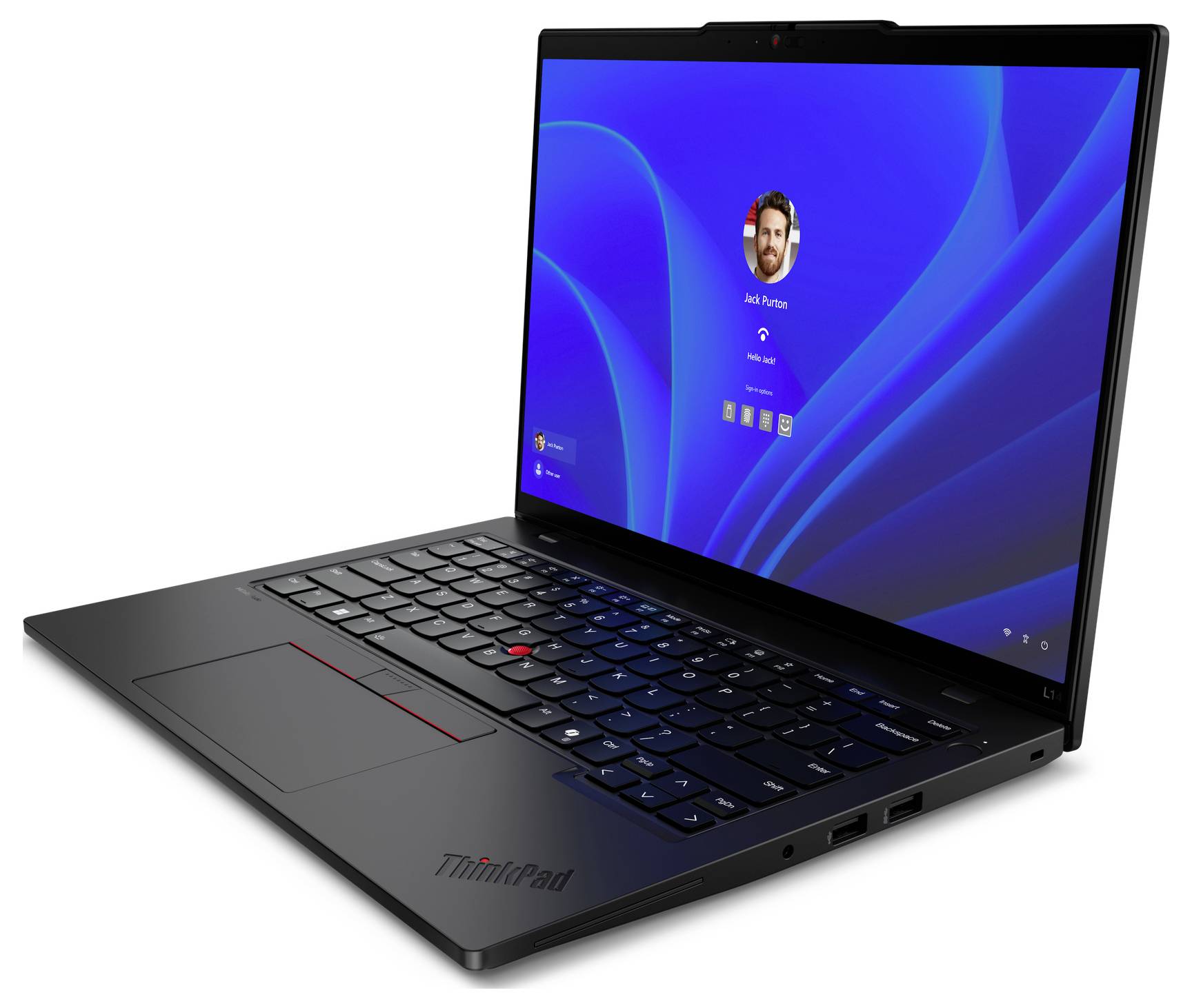 Ein offener Laptop mit einem blauen Bildschirm, der ein Login-Fenster zeigt. Das Lenovo ThinkPad-Logo ist am unteren Rand sichtbar.