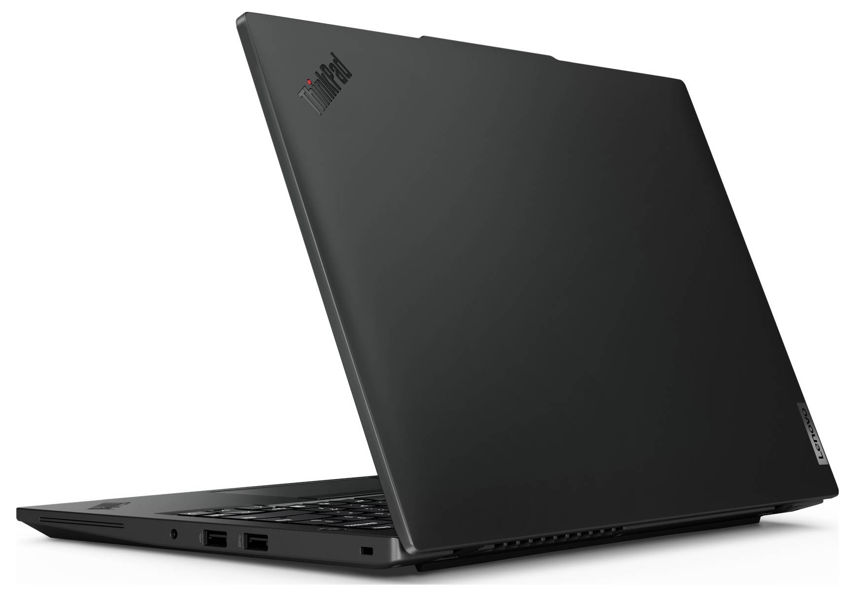 Ein schwarzer Laptop halb geöffnet, zeigt die Rückansicht. Er trägt das Logo 'ThinkPad'. Minimalistisches Design, links USB-Anschlüsse.