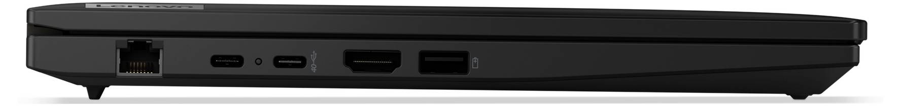 Ein schwarzes elektrisches Gerät mit mehreren Anschlüssen, darunter Ethernet, USB-C und USB-Anschlüsse, auf einer weißen Oberfläche.