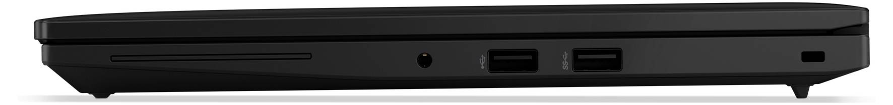 Schwarzer Laptop von der Seite, zeigt USB- und Audioanschlüsse sowie einen Schlitz für SD-Karten.