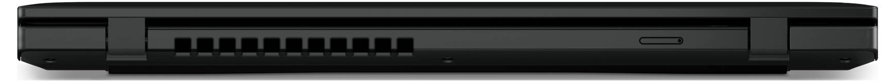 Geschlossener Laptop in schwarzer Farbe, Rückansicht mit sichtbaren Lüftungsschlitzen und Scharnieren.