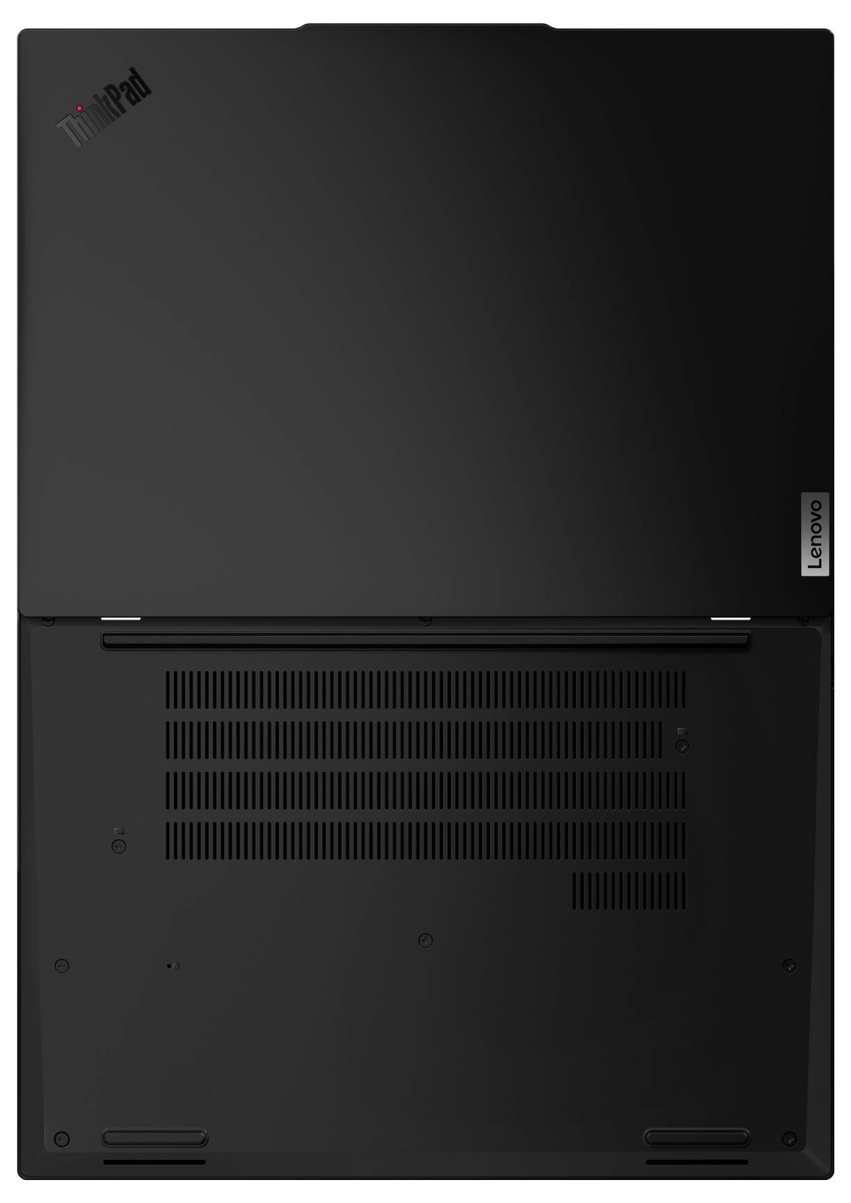 Ein Laptop von unten gesehen, mit sichtbaren Lüftungsschlitzen und dem Aufkleber 'Lenovo'.