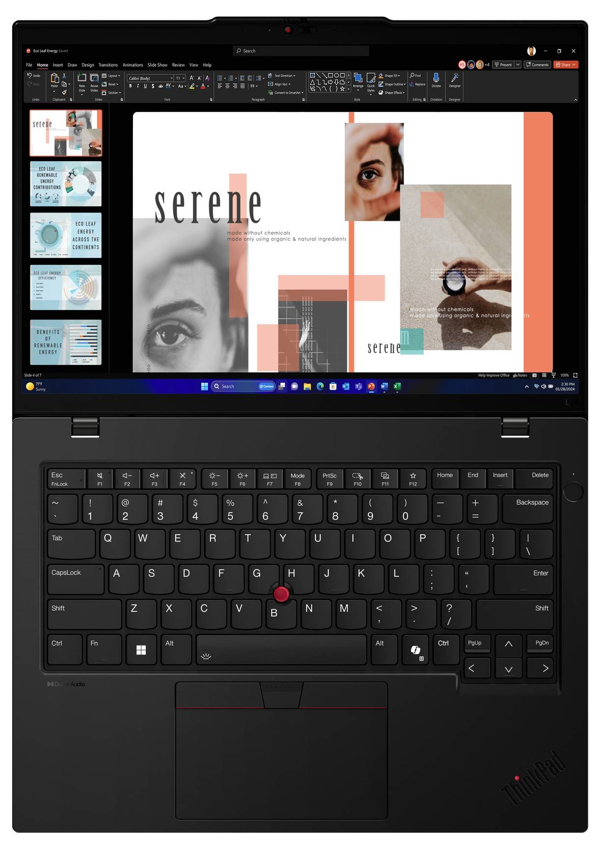 Laptop mit geöffneter Präsentation über 'serene'. Der Bildschirm zeigt Folien mit Bildern von Gesichtern und Grafiken.