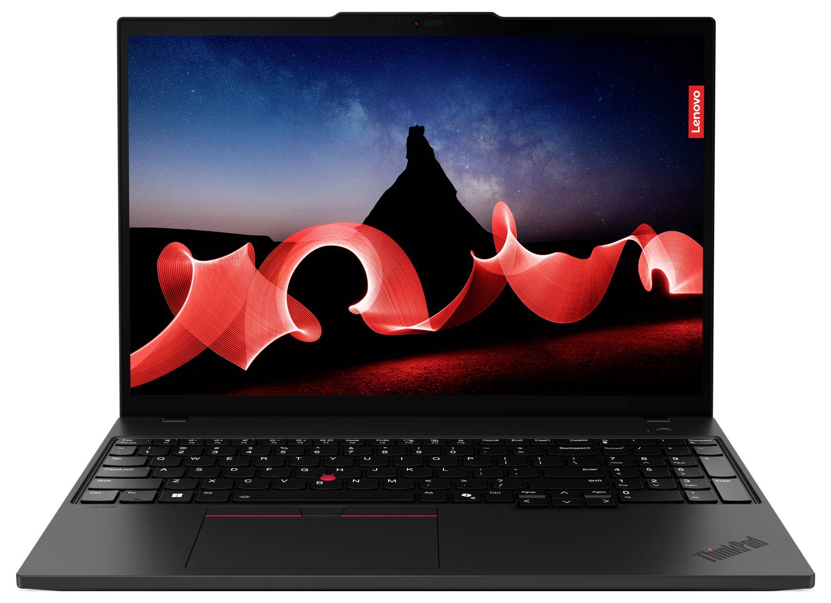 Ein Lenovo-Laptop mit einem Bildschirmschoner, der eine nächtliche Landschaft mit roten Lichteffekten vor einem Berg zeigt.