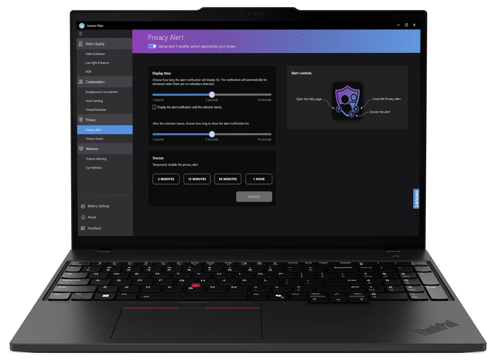 'Lenovo ThinkPad-Laptop mit geöffneter Einstellungsseite für Datenschutzwarnungen. Optionen zur Anpassung von Warnungen werden angezeigt.'