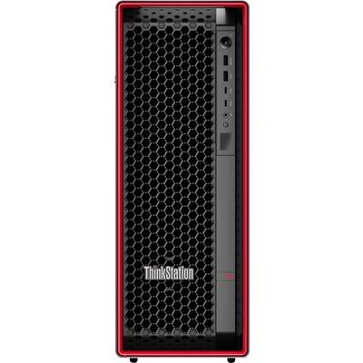 Eine schwarze Lenovo ThinkStation P5 Tower mit einer sechseckig gemusterten Frontblende und roter Zierleiste, die für Hochleistungsrechenaufgaben entwickelt wurde.