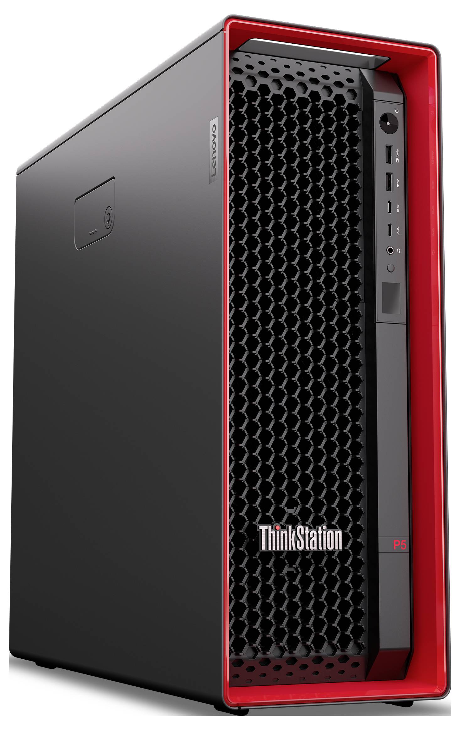 Ein schwarzer und roter Desktop-Computertower mit gelochtem Frontpanel und 'ThinkStation' Logo, ausgestattet mit mehreren Anschlüssen für Konnektivität.
