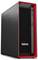 Ein schwarzer und roter Desktop-Computertower mit gelochtem Frontpanel und 'ThinkStation' Logo, ausgestattet mit mehreren Anschlüssen für Konnektivität.