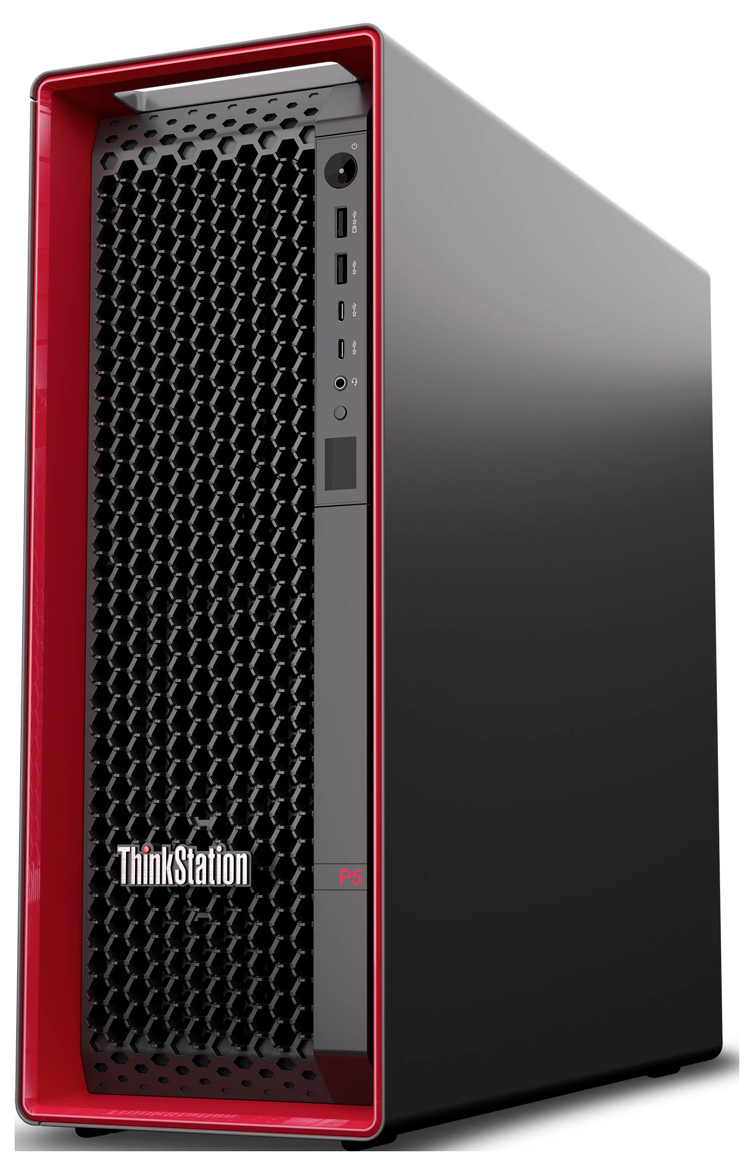 Ein schwarzer und roter Desktop-Computertower mit einem Wabengitter-Frontpanel und dem sichtbaren Schriftzug "ThinkStation", entwickelt für hochleistungsfähige Aufgaben.
