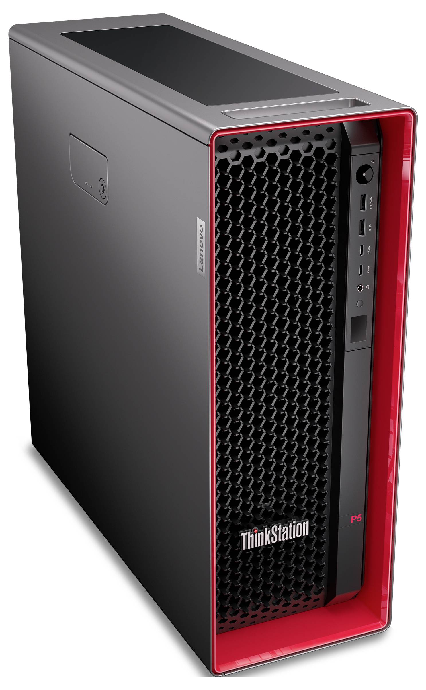Ein schwarzer und roter Computer-Tower mit Markenlogo, ausgestattet mit mehreren USB-Anschlüssen und einem Einschaltknopf auf der Frontblende.