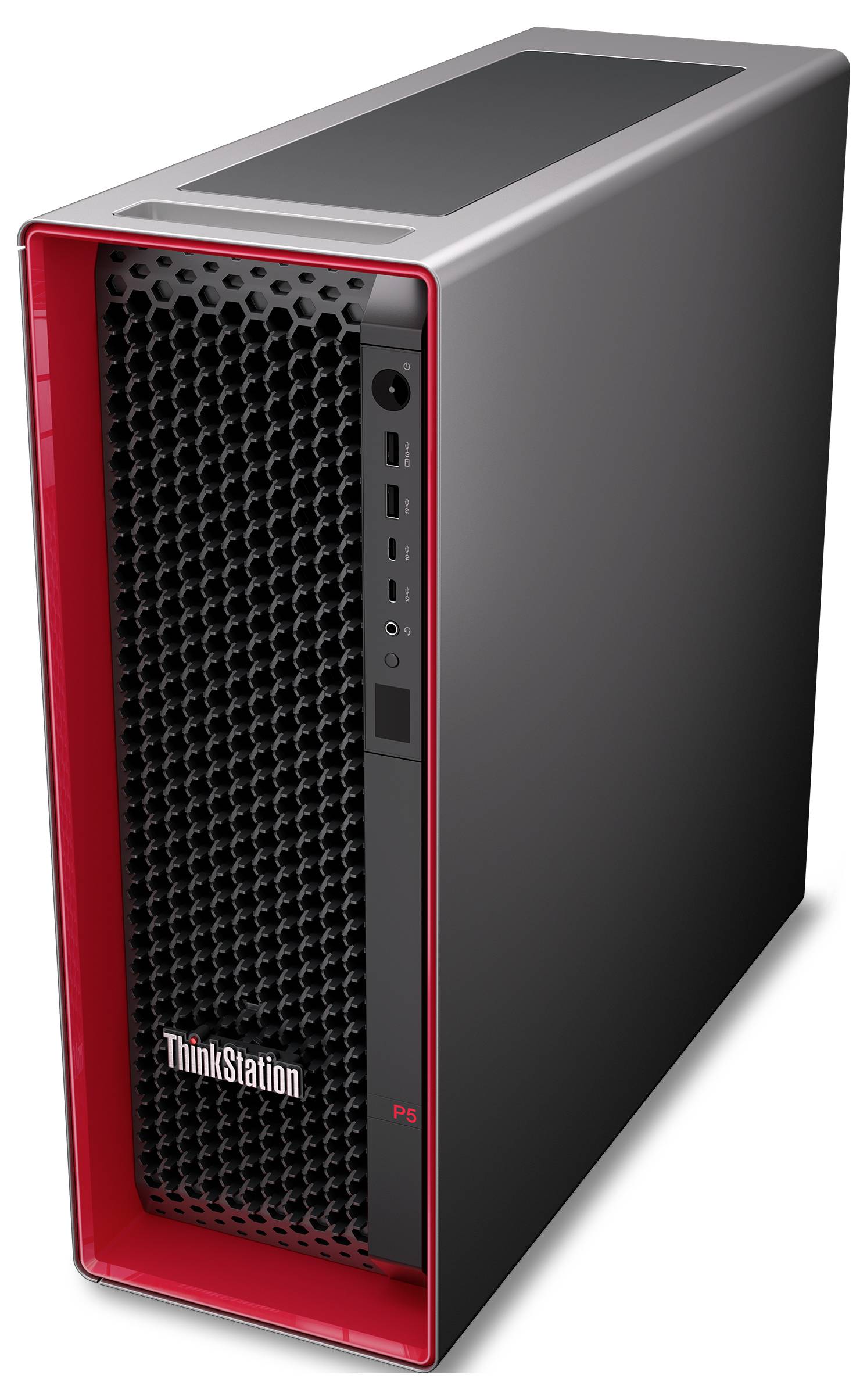Ein schlanker, dunkelgrauer Lenovo ThinkStation P5 Tower-Desktop-Computer mit einer rot akzentuierten Frontblende und einem Honeycomb-Lüftungsdesign.