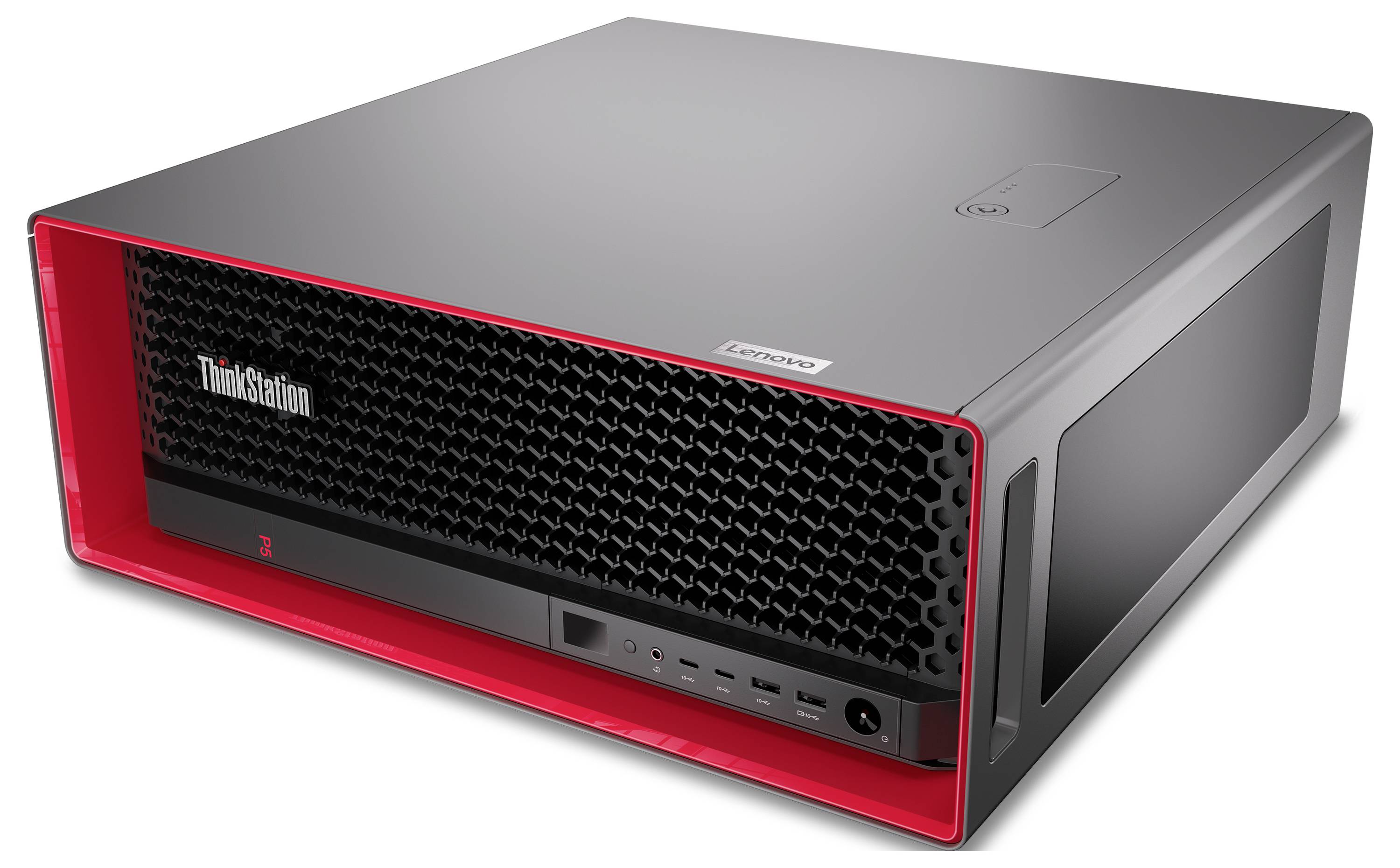 Ein Computergehäuse mit einer rot umrandeten Frontblende, versehen mit dem Markennamen 'ThinkStation' und mehreren Anschlüssen für Konnektivität an der Vorderseite.