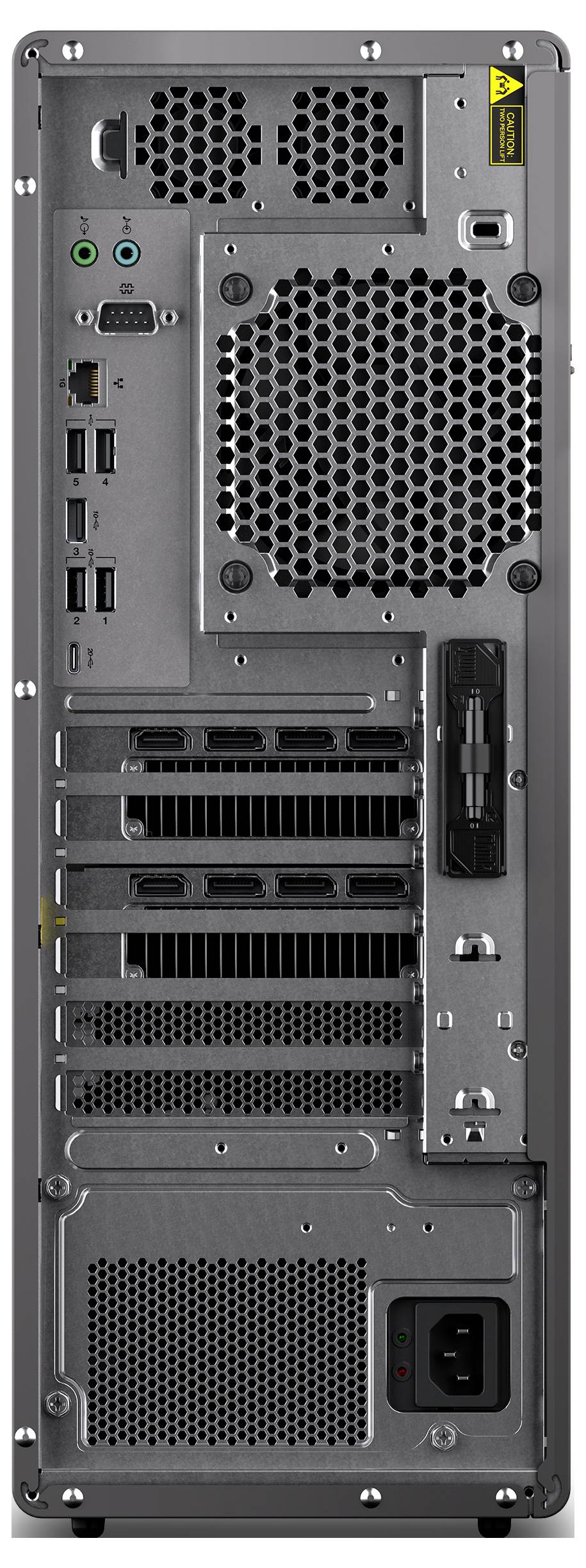 Rückansicht eines Computertowers mit verschiedenen Anschlüssen, einschließlich USB-Ports, Audiobuchsen, Lüftungsschlitzen und einem Netzteilanschluss am unteren Rand.