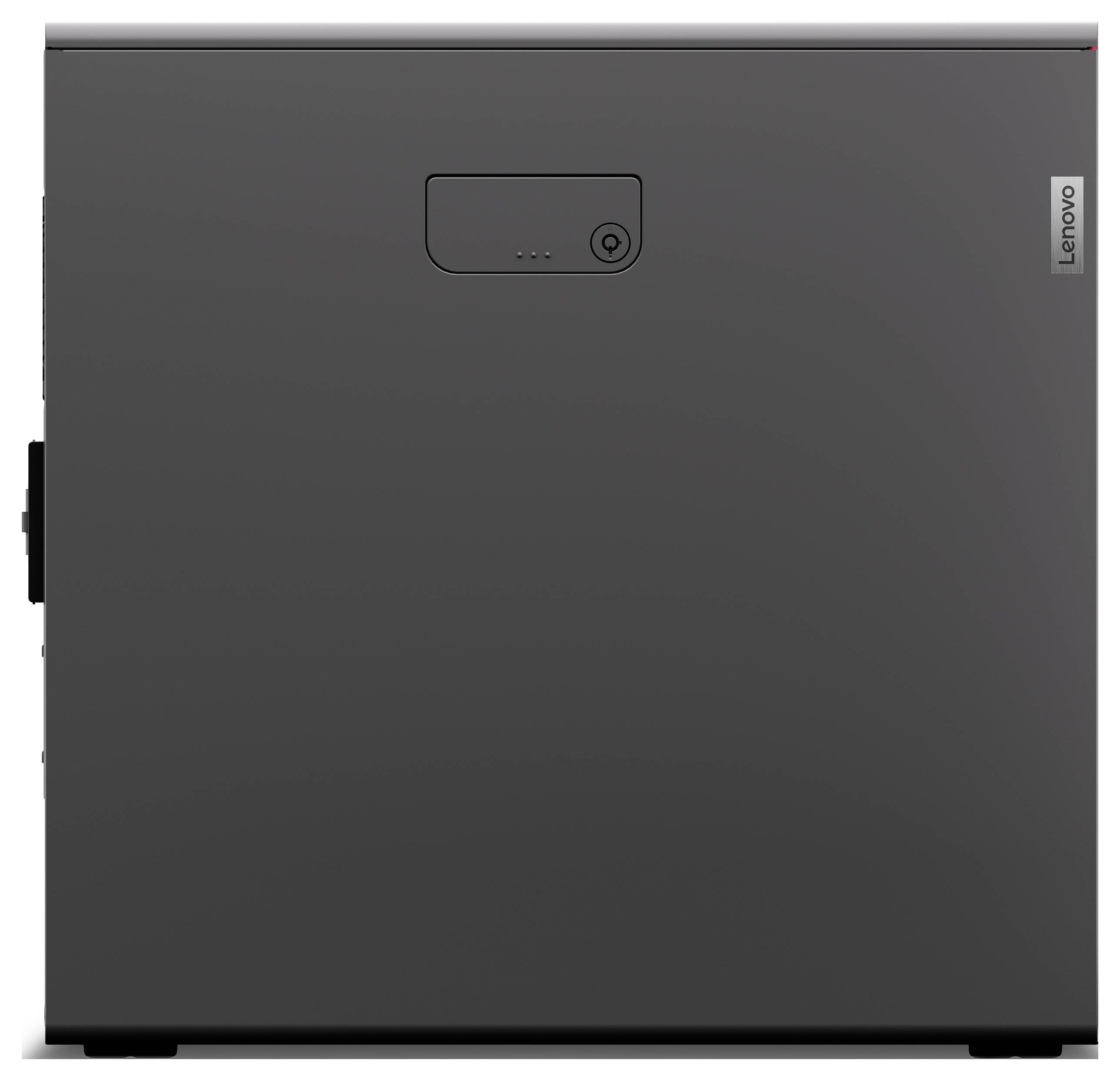 Schwarzes Desktop-Computergehäuse der Marke 'Lenovo' mit einer Seitenklappe, in geschlossener Position dargestellt.