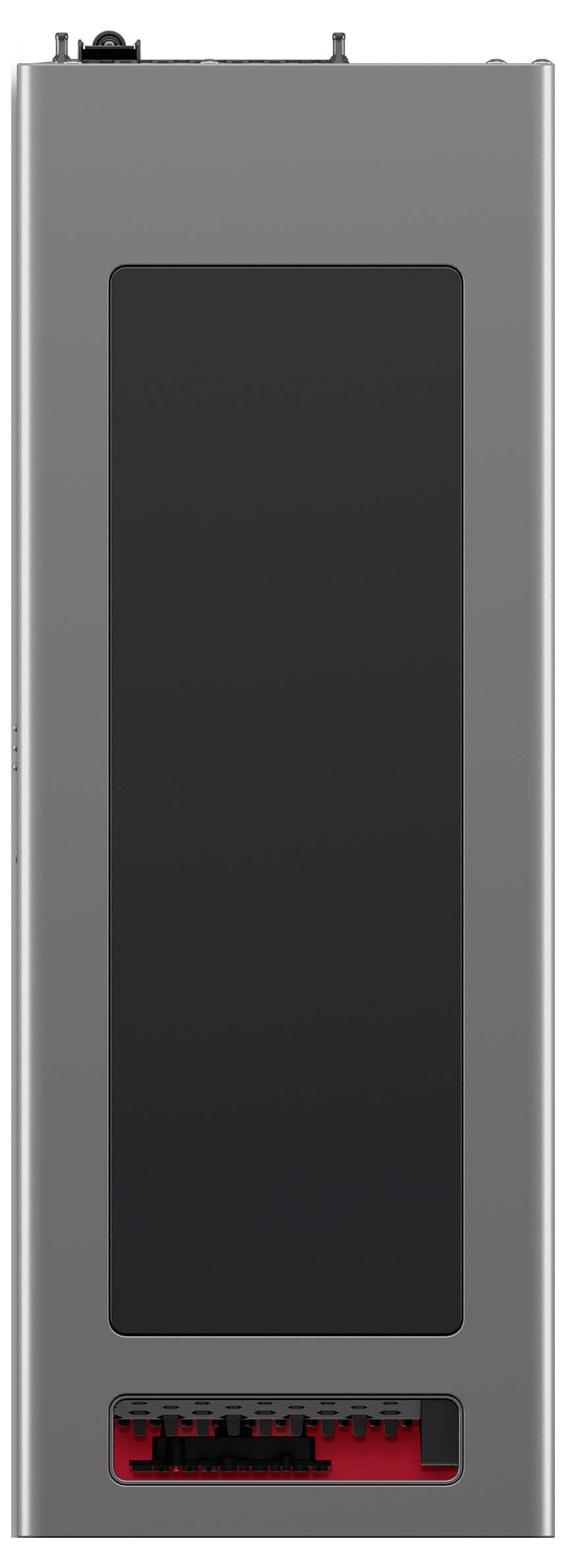 Ein schlankes, rechteckiges, metallisches Batteriepack mit einem dunklen zentralen Bereich und einer Reihe von Anschlüssen am unteren Rand.