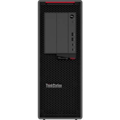 Ein schwarzer Desktop-Computer-Tower mit vorderen Anschlüssen, einschließlich USB-Ports und einem Kopfhöreranschluss. Das Wort 'ThinkStation' ist sichtbar.